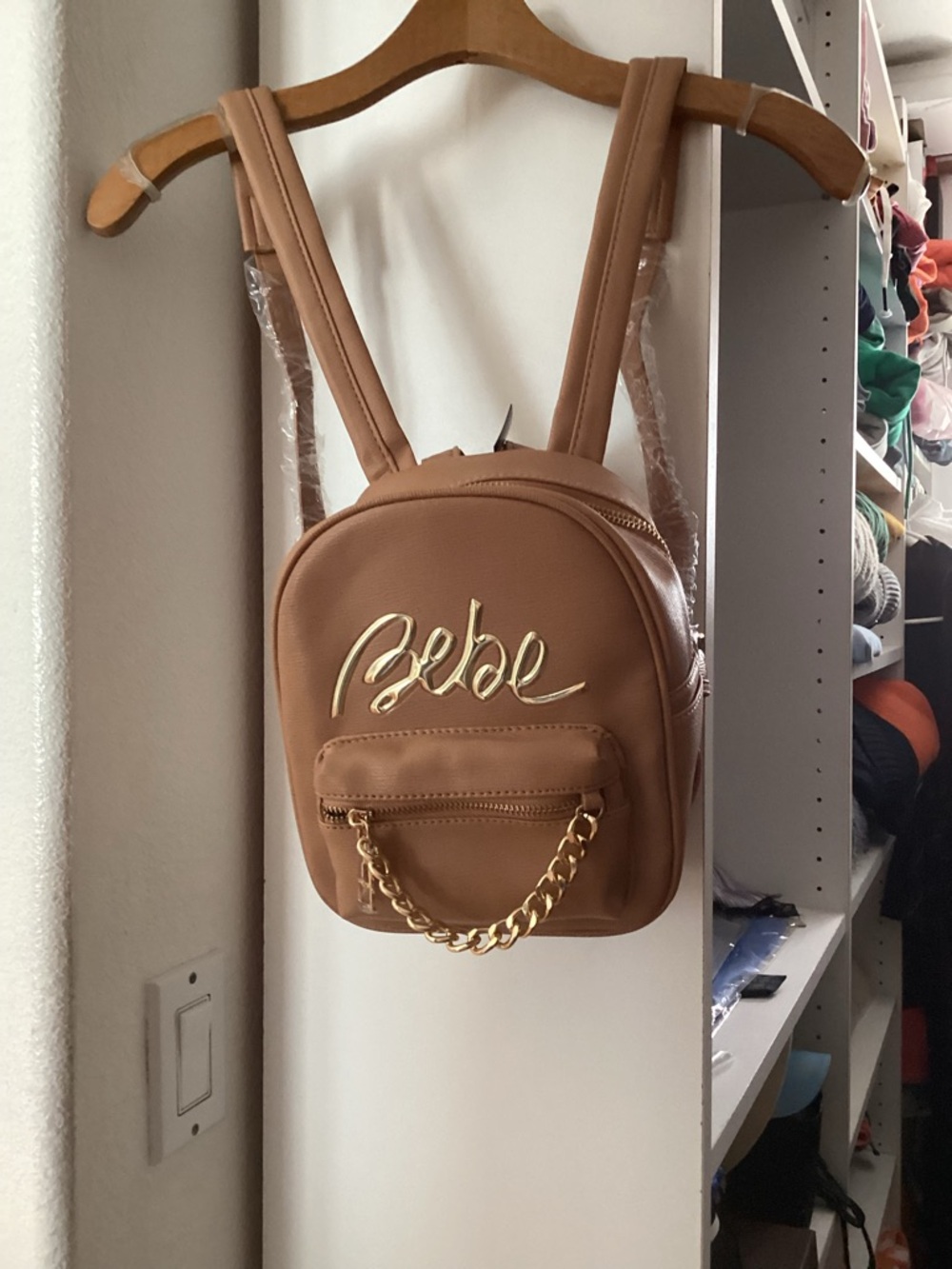 bebe Peach-Tan Mini Backpack with Gold Script Logo - Picture 3 of 6
